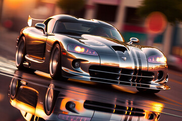 Photorealistic ai artwork concept of a stylish muscle car driving fast on reflective, modern roads and streets. Generative ai.