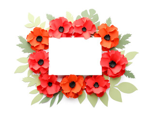 Blank paper sheet with poppy flowers and leaves on white background