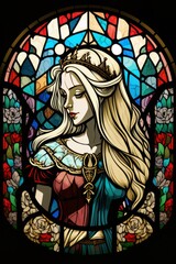 Beautiful Digital Illustration of an Abstract Stained Glass Window, Princess or Queen Design, Colorful. Made in part with generative AI.  © Carl Schaad
