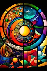 Beautiful Digital Illustration of an Abstract Stained Glass Window, Sun and Moon Design, Astronomical, Sky, Colorful. Made in part with generative AI.
