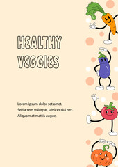 Template with vegetables are doing exercise or dancing for invitation, healthy lifestyle poster, fitness event, veggies party. Retro cartoon characters design. Vector illustration.