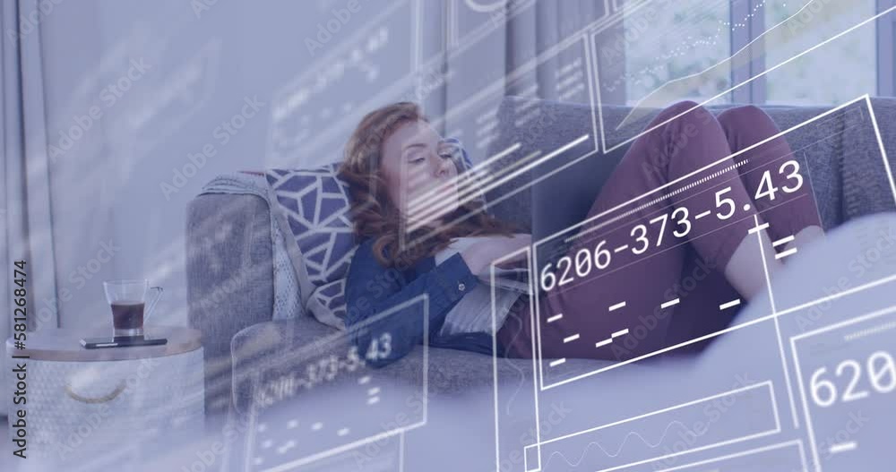 Poster animation of data processing over caucasian woman using laptop on sofa