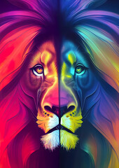 a colorful lion with a multicolored background. AI-Generated