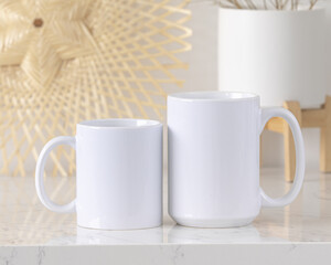 Obraz na płótnie Canvas Two white mugs mockup, Blank mugs mockup for design. 