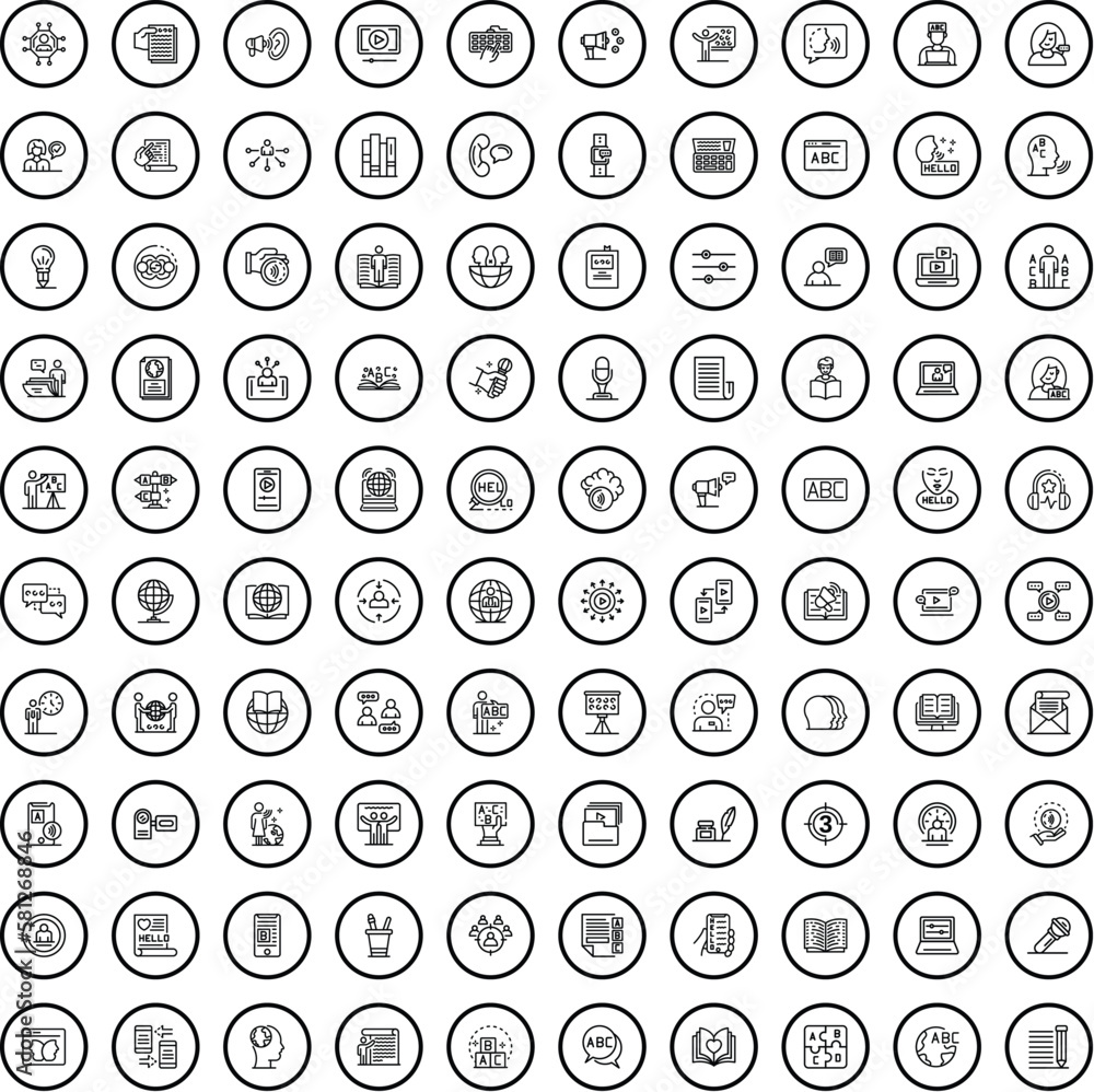 Poster 100 dialog icons set. outline illustration of 100 dialog icons vector set isolated on white backgrou