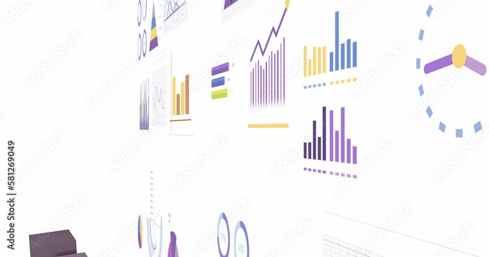 Wall mural animation of statistics and financial data processing over white background