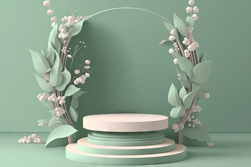 background products display green podium scene with platform. stand to show cosmetic products. Stage showcase on pedestal display green background platform. Generative AI