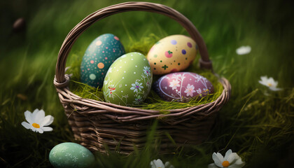 colorful easter eggs in a basket on a green madow