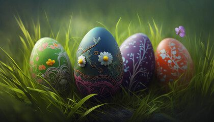 colerful easter eggs in grass on a green madow
