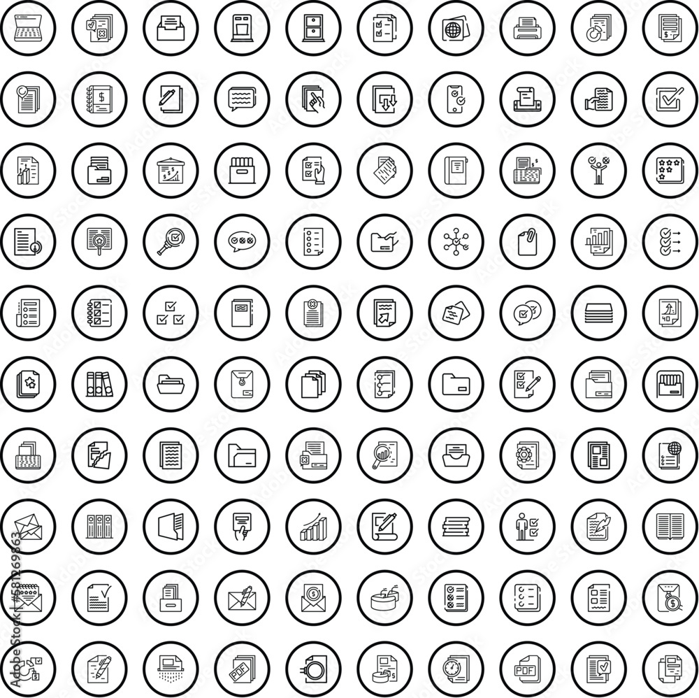 Poster 100 document icons set. outline illustration of 100 document icons vector set isolated on white back