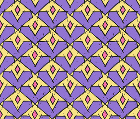 Multicolored ornament with abstract geometric shapes and rhombus in trendy 80s-90s colors. Vector flat seamless pattern - 581270053