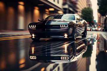 Photorealistic ai artwork concept of a reflective, stylish and modern muscle car driving fast on reflective, modern roads and streets. Generative ai. - obrazy, fototapety, plakaty