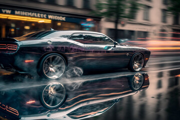 Obraz na płótnie Canvas Photorealistic ai artwork concept of a reflective, stylish and modern muscle car driving fast on reflective, modern roads and streets. Generative ai.