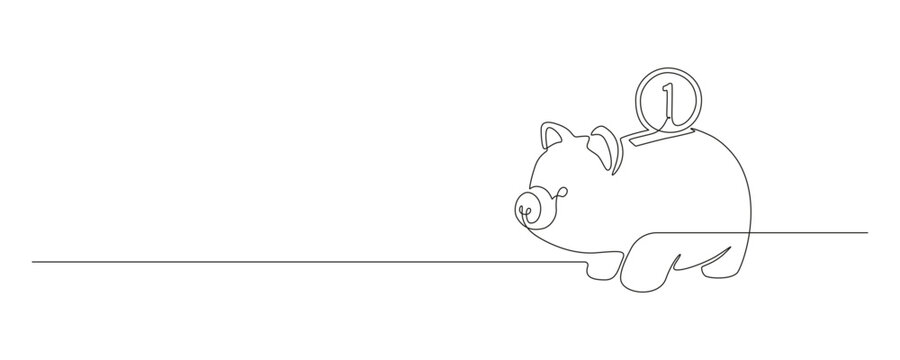 One continuous line drawing of piggy bank. Safe money symbol and business finance concept in simple linear style. Editable stroke. Doodle outline vector illustration