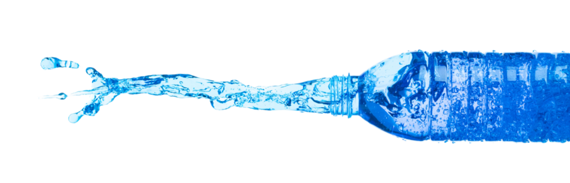 Drinking Water in Plastic Bottle fall fly in mid air, fresh water plastic bottle floating explosion. Fresh water plastic bottles pour throw in air. White background isolated freeze motion high speed