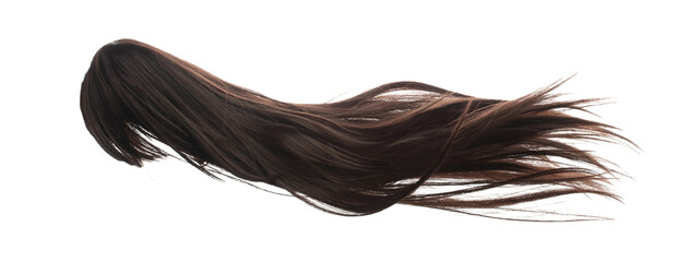Long straight Wig hair style fly fall explosion. Brown woman wig hair float in mid air. Straight brown wig hair wind blow cloud throw. White background isolated high speed freeze motion - obrazy, fototapety, plakaty