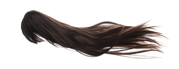 Long straight Wig hair style fly fall explosion. Brown woman wig hair float in mid air. Straight brown wig hair wind blow cloud throw. White background isolated high speed freeze motion