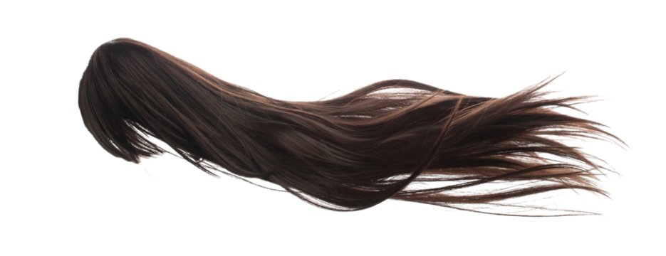 Long straight Wig hair style fly fall explosion. Brown woman wig hair float in mid air. Straight brown wig hair wind blow cloud throw. White background isolated high speed freeze motion
