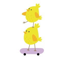 Cute Easter chicks on a skateboard. vector illustration of cute yellow chicks. yellow chicks hand drawn pattern