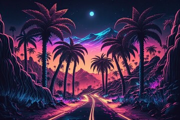 Neon Sky Illuminating the Road Through the Cyber Jungle - A Mysterious Palm Tree Landscape: Generative AI