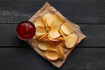 Parchment with delicious potato chips and bowl of ketchup on black wooden background