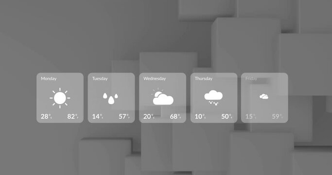 Animation of weather screens and data processing over grey background