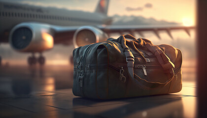 Suitcase at the airport, late afternoon. Travel concept. Airplane flying on blurred background. 3D realistic illustration. Based on Generative AI