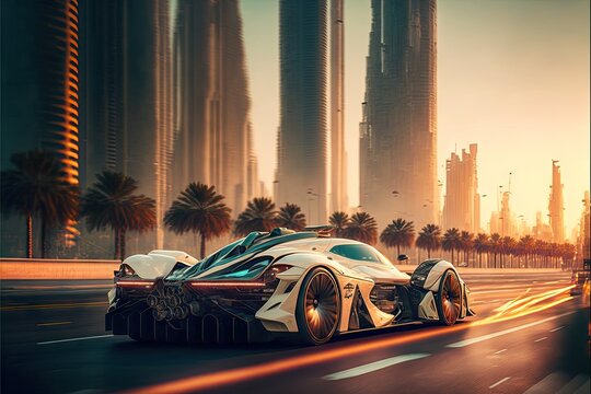 futuristic speed dubai future machines hypercar rushes through the city, created with generative ai