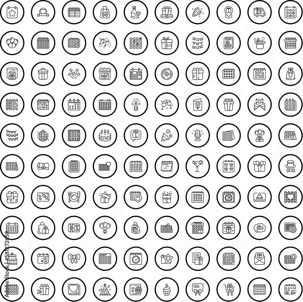 Poster 100 event icons set. outline illustration of 100 event icons vector set isolated on white background
