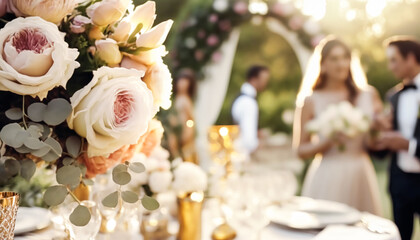 Wedding guests celebrating at a beautiful outdoor venue on a sunny day, luxury wedding decoration idea and decor inspiration with flowers, party event celebration at the garden estate. Generative Ai