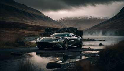 Fototapeta na wymiar Photorealistic ai artwork concept of a modern supercar or sportscar driving in the atmospheric lakes and mountains. Generative ai.