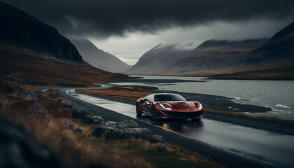 Photorealistic ai artwork concept of a red modern supercar or sportscar driving in the atmospheric lakes and mountains. Generative ai.