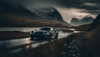 Photorealistic ai artwork concept of a modern supercar or sportscar driving in the atmospheric lakes and mountains. Generative ai.