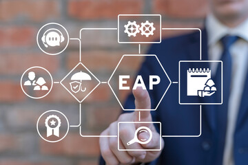 Businessman using virtual touch screen presses acronym: EAP. Concept of EAP Employee Assistance Program Business Care.