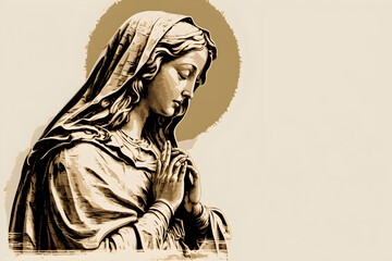 Background of Mary Mother of Jesus Christ. Wallpaper illustration. Side view with copy space for text information or content. Concept of religion, religious. Generative AI.