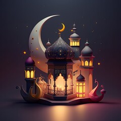 A Festive Ramadan Night at the Mosque: Greeting the Moon with a Glowing Lantern and Colorful Lights: Generative AI