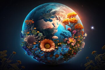 The Universe in Bloom: A Celestial Scene of Earth, Planet, and Stars Among Colorful Big Flowers. Generative AI