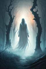 Haunted forest with ghostly woman in white, ethereal and chilling style. --ar 2:3 Generative AI - obrazy, fototapety, plakaty