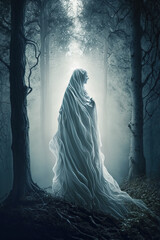 Haunted forest with ghostly woman in white, ethereal and chilling style. --ar 2:3 Generative AI - obrazy, fototapety, plakaty