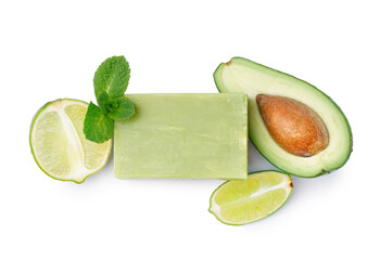 Natural soap bar, lime and avocado on white background