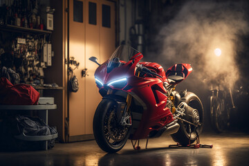 Photorealistic ai artwork concept of a red superbike or sportbike motorcycle in a modern garage. Generative ai.