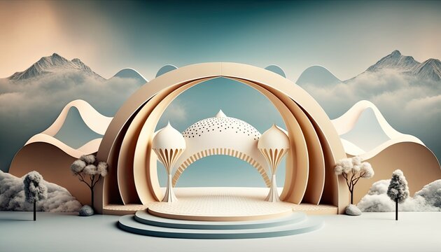Surreal Winter Wonderland: Abstract Dunes, Geometric Arches, and a Dream-like Platform in a Breathtaking Landscape: Generative AI