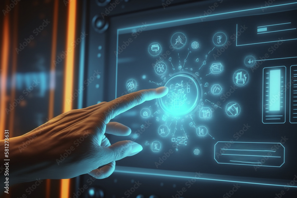 Aufkleber hand pushing button on a interface, generative ai