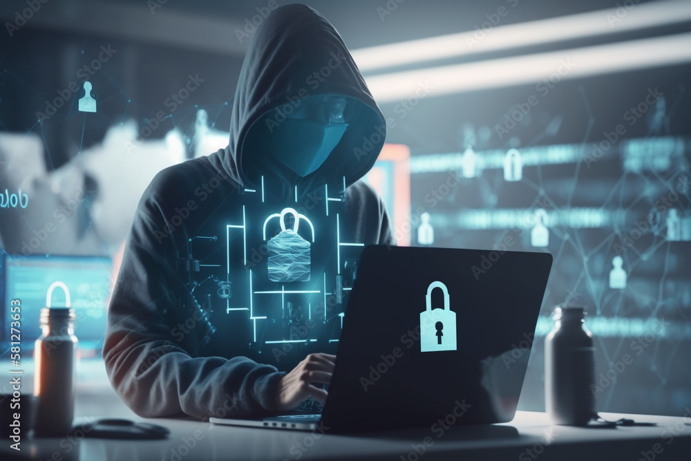 Poster computer safety hacking data theft and secure concept double exposure, generative ai