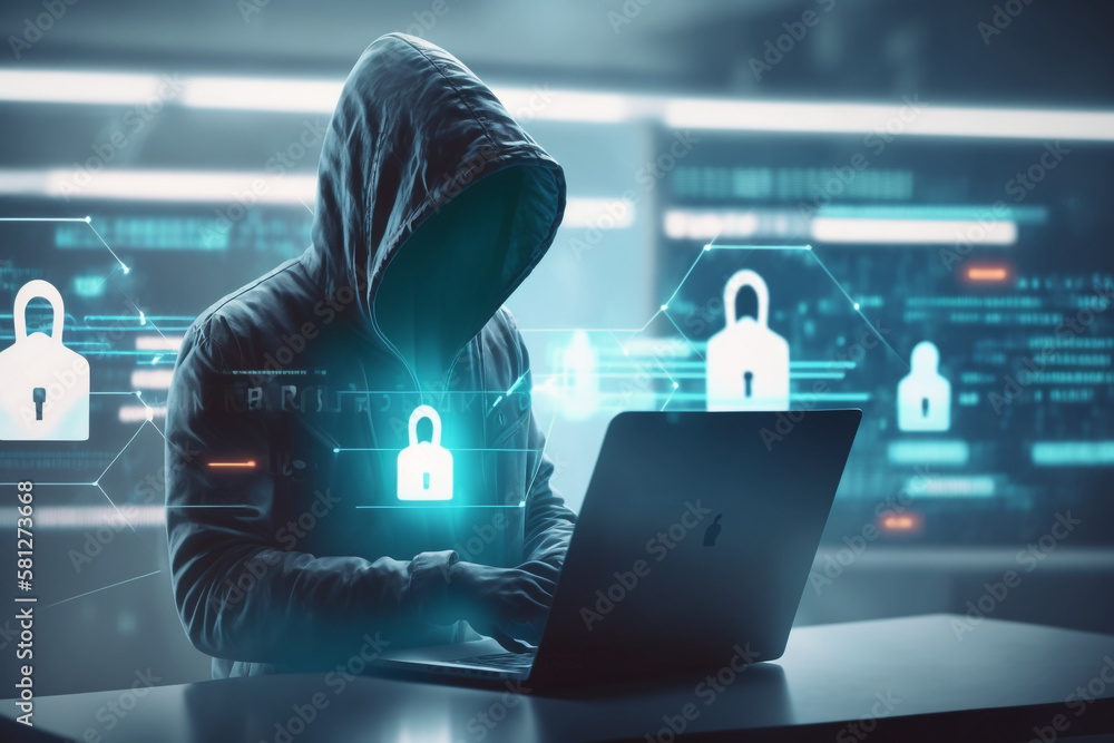 Poster hacker in blurry office interior using laptop with abstract glowing connected digital padlock hologr