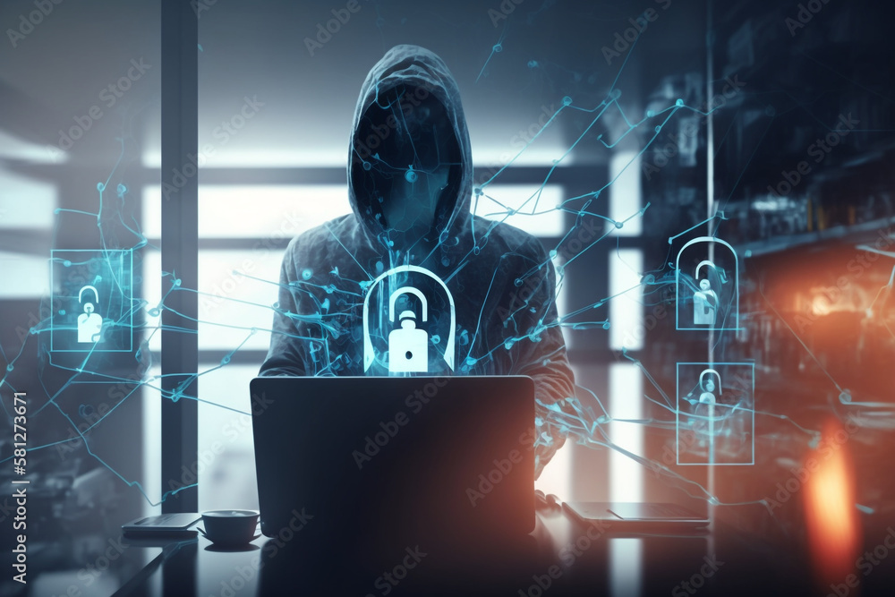 Poster hacker in blurry office interior using laptop with abstract glowing connected digital padlock hologr