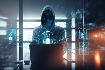 Hacker in blurry office interior using laptop with abstract glowing connected digital padlock hologram computer safety hacking data theft and secure concept double exposure, Generative AI	
