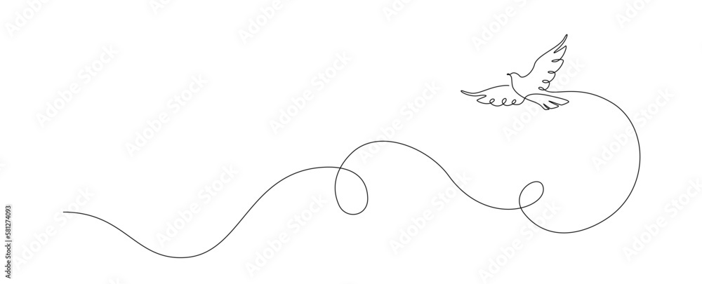 Fototapete Flying dove in one continuous line drawing. Bird symbol of peace and freedom in simple linear style. Concept for national labor movement icon. Editable stroke. Doodle outline vector illustration