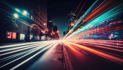 Fototapeta na wymiar Abstract long exposure dynamic speed light trails in an urban environment