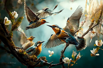Naklejka premium Birds taking flight in spring, visual concept.